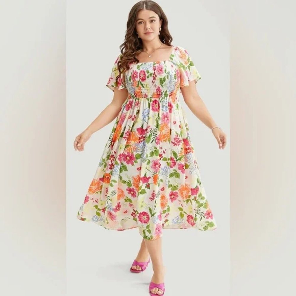 14/16 1X BloomChic Floral Shirred Square Neck Ruffle Hem Dress